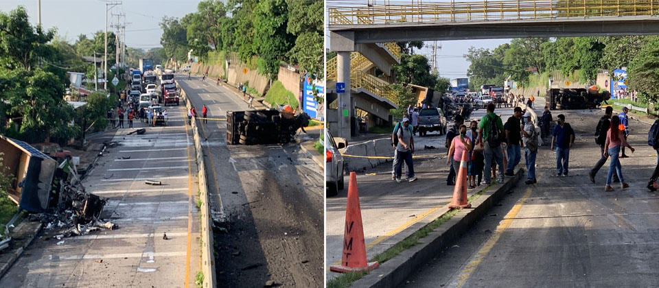 Cerrado el paso vehicular en ambos carriles sobre carretera al Puerto de La Libertad