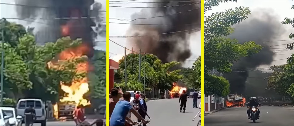 Captan desde varios ángulos el incendio en venta de cilindros de gas en San Luis Talpa