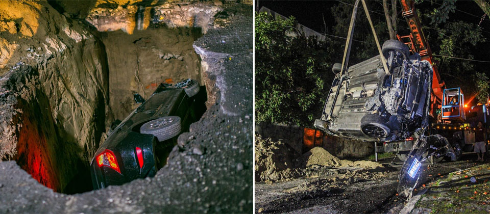 Por no respetar el cierre de una calle, conductor termina al fondo de una excavación en la Escalón