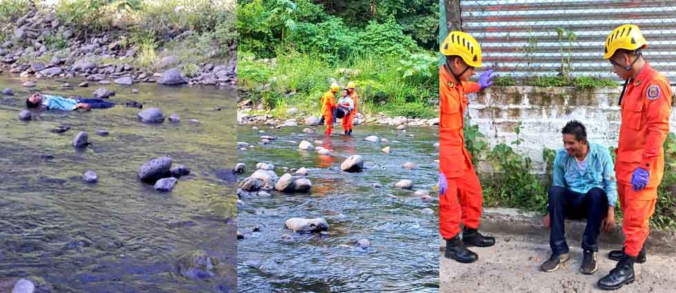 Rescatan a ebrio que se quedó dormido en un río y todo acabó en risas