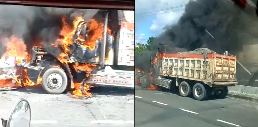 Reportan camión de volteo en llamas sobre carretera a San Martín