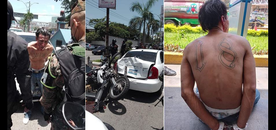 Mareros huyen de un control policial, pero tras persecución se accidentan frente a centro comercial de Apopa | FOTOS