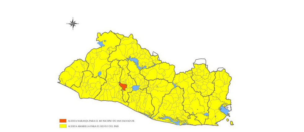 Actualizan nivel de alertas en el país: naranja para el municipio de San Salvador y amarilla para el resto del territorio