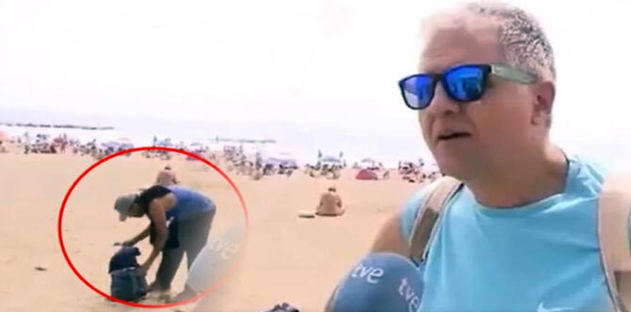 Durante una entrevista en vivo, ladrón es captado robando un bolso en playas de Barcelona