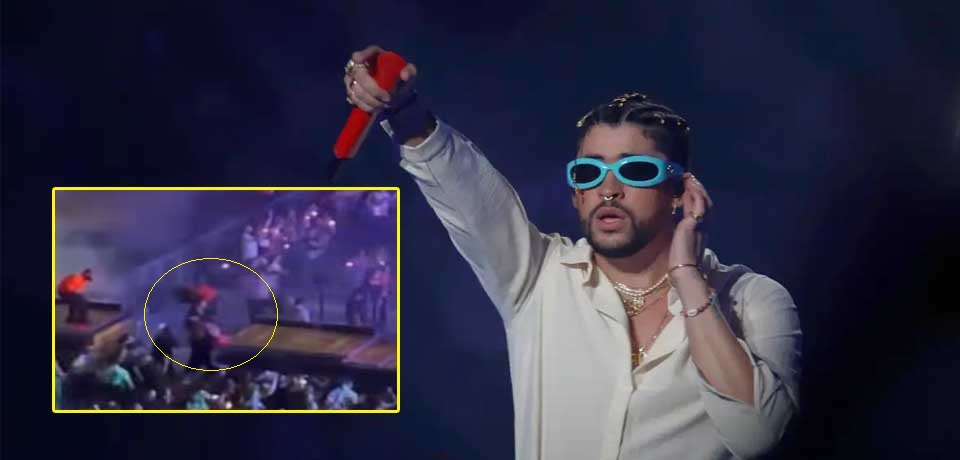 Fanática de Bad Bunny intenta alcanzarlo en el escenario y sufre un grave accidente
