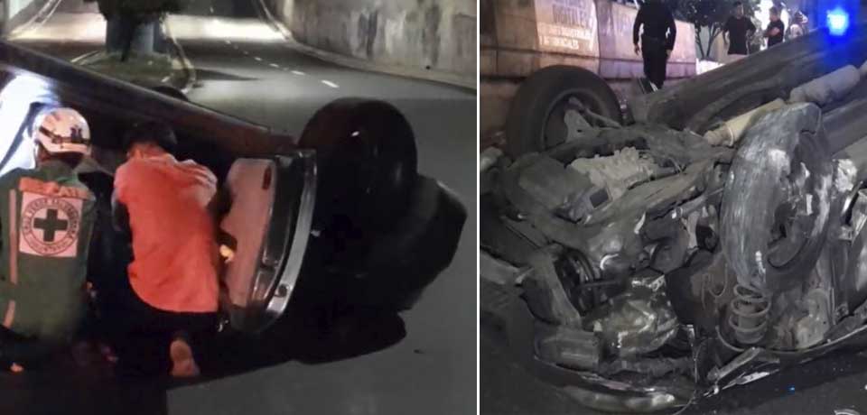 Conductor a excesiva velocidad pierde el control y termina volcado esta madrugada