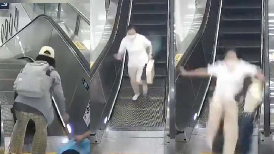 VIDEO: Joven tira maleta por las escaleras eléctricas y casi mata a una mujer