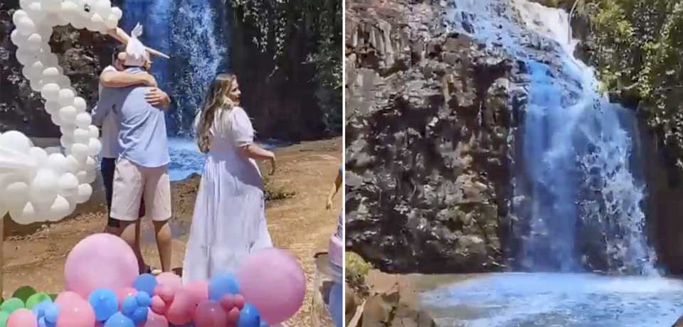 Pareja causa indignación por pintar de azul el agua de una cascada para revelar el género de su bebé 