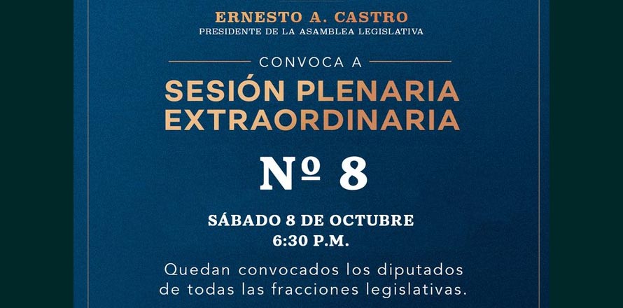 Presidente de Asamblea Legislativa convoca a sesión plenaria extraordinaria