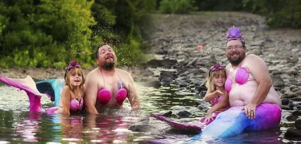 Papá e hija se disfrazan de sirenas para sesión de fotos por su cumpleaños