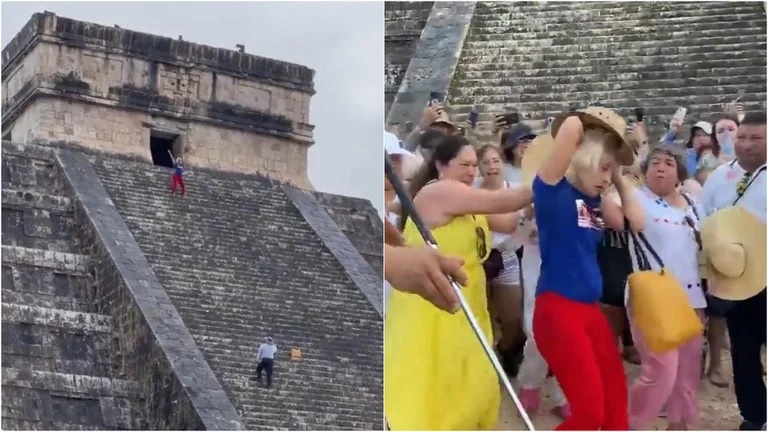 Una turista sube a pirámide de Chichén Itzá y es recibida con insultos y empujones