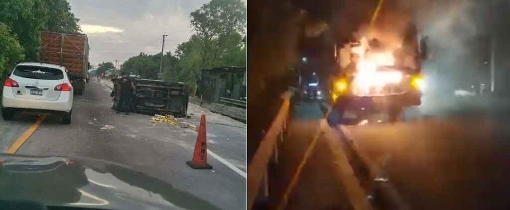 Un carro volcado y un autobús en llamas en carretera de Oro, este jueves