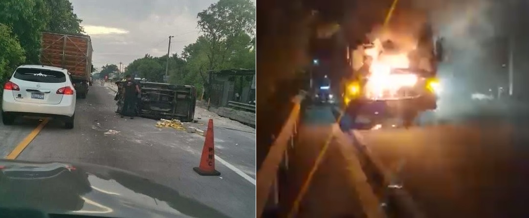 Un carro volcado y un autobús en llamas en carretera de Oro, este jueves