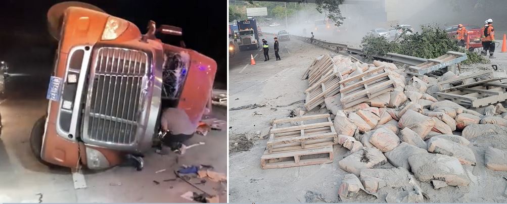 Rastra cargada con materiales de construcción se accidenta esta madrugada en carretera a Comalapa