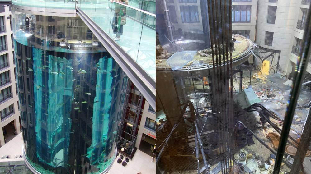 Estalla el acuario cilíndrico más grande del mundo con 1,500 peces
