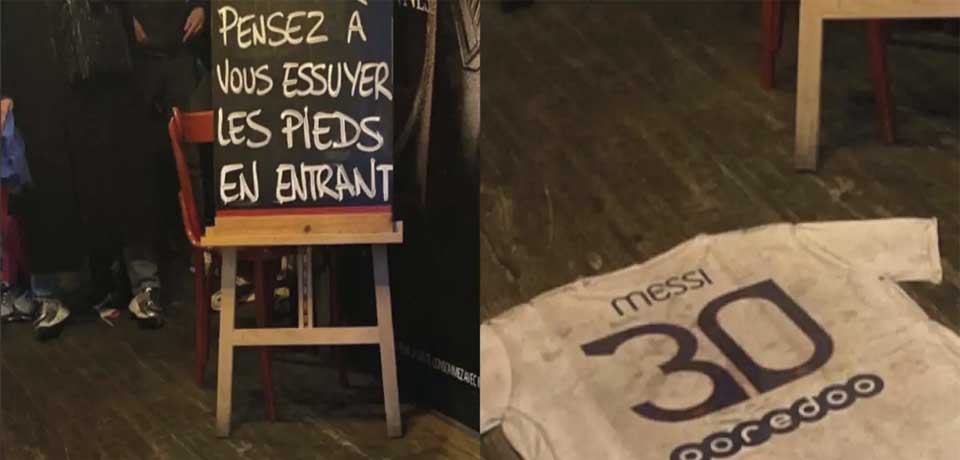 «No olvides limpiarte los pies»: Usan una camiseta de Messi como alfombra en un bar de Francia