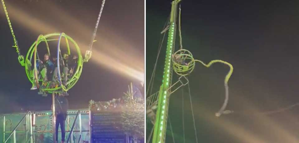 VIDEO: Falla en juego mecánico deja colgado a dos jóvenes