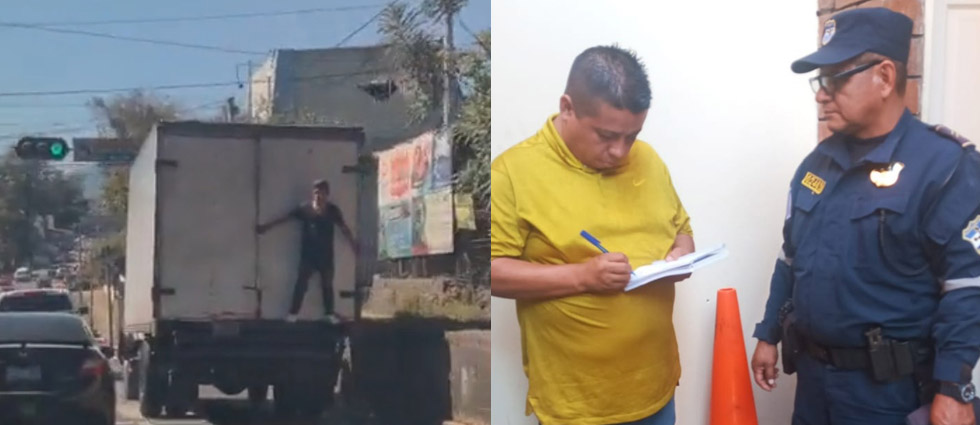 Infraccionan a conductor que arriesgó la vida de un hombre al llevarlo en el exterior del camión