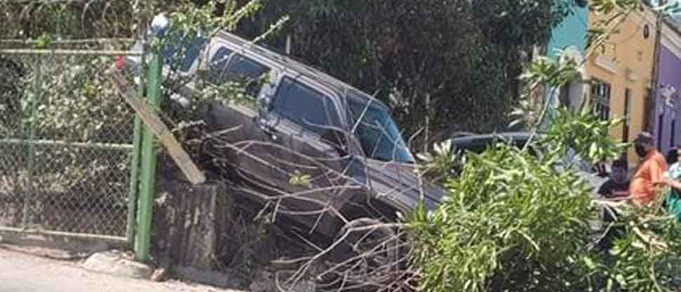 Conductor pierde el control dentro de un parqueo, choca contra un árbol y termina en la acera