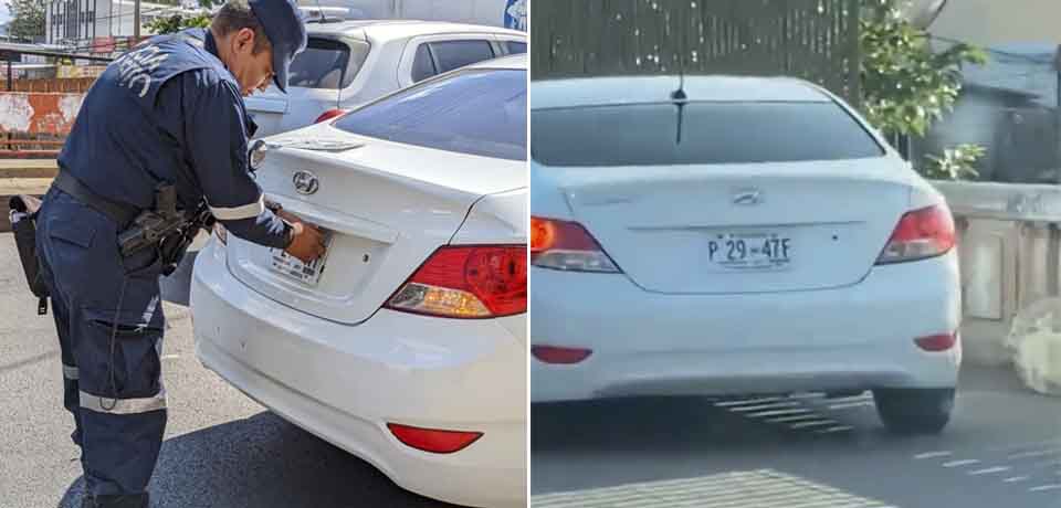 Ubican y le quitan las placas a conductor que fue captado circulando sobre la acera