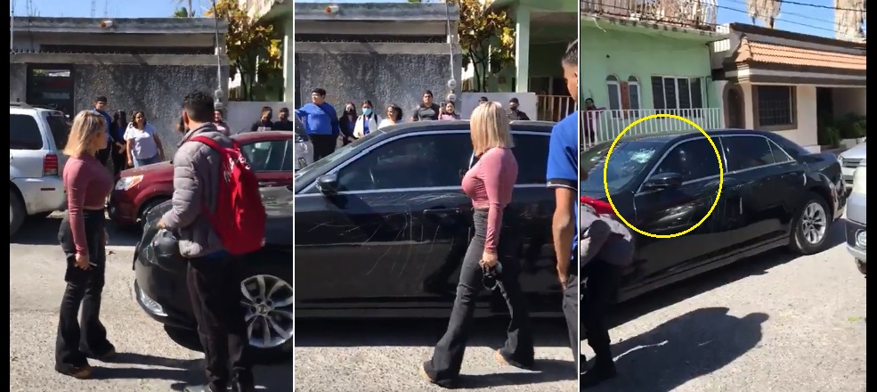 Sorprende a su esposo con una joven dentro del carro y le rompe el parabrisas | VIDEO
