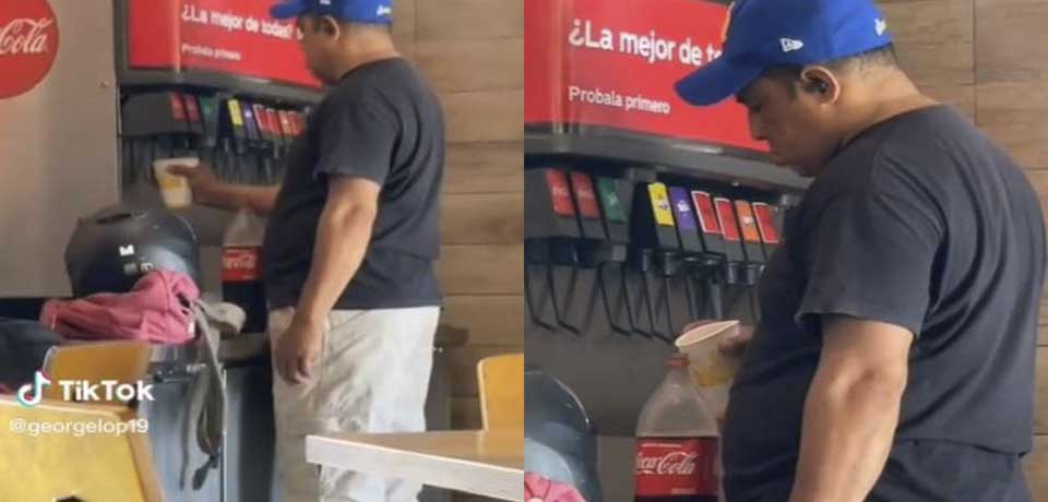 Hombre se viraliza por usar dispensador de soda para llenar su botella de 3 litros en un restaurante