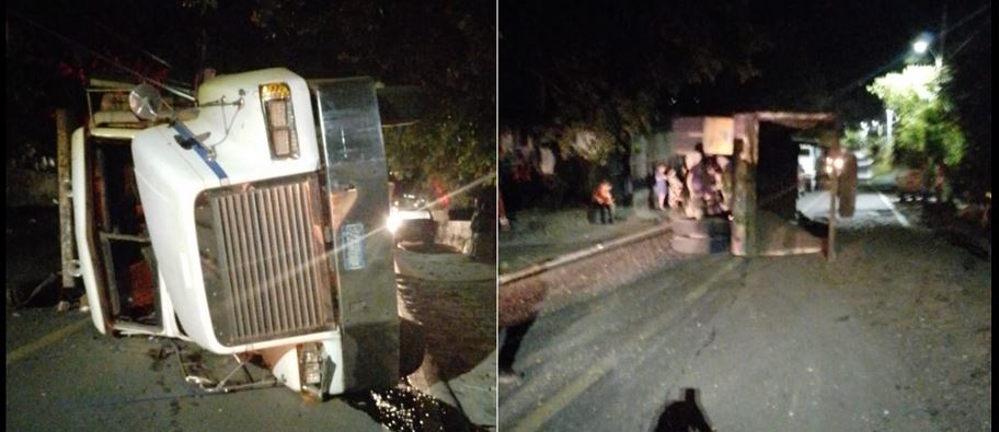 Camionero pierde el control y vuelca en calle hacia Apulo, Ilopango