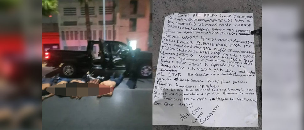 Cartel del Golfo deja carta junto a los presuntos responsables de la muerte de dos estadounidenses