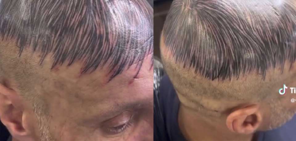 Sujeto se tatúa la cabeza para ocultar calvicie y resultado se hace viral