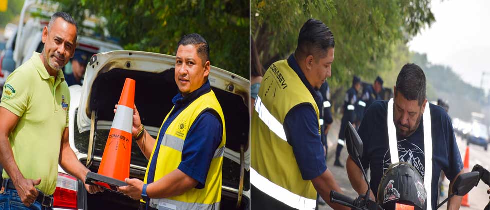 Regalan conos, chalecos reflectivos y extintores a motociclistas y conductores