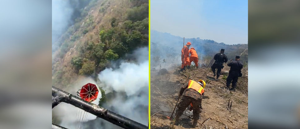 Helicóptero de la Fuerza Armada realiza descargas de agua sobre incendio en el volcán de San Salvador