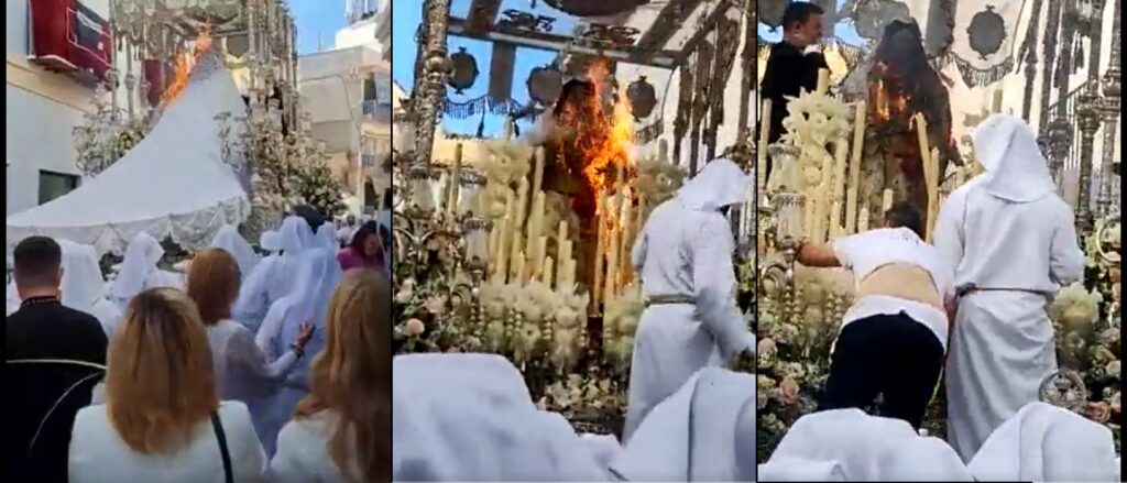 VIDEO: Imagen de Virgen se incendia en plena procesión de Semana Santa