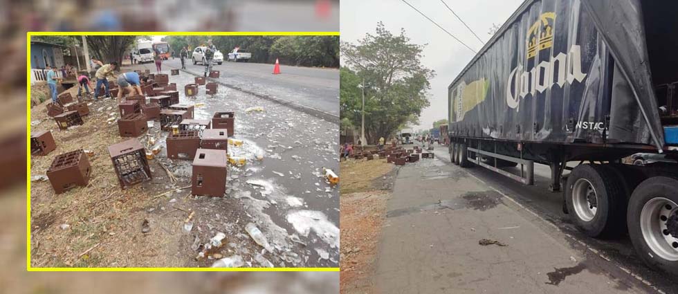 Salvadoreños ‘desaparecen’ cervezas que cayeron en la carretera tras percance de rastra que las transportaba