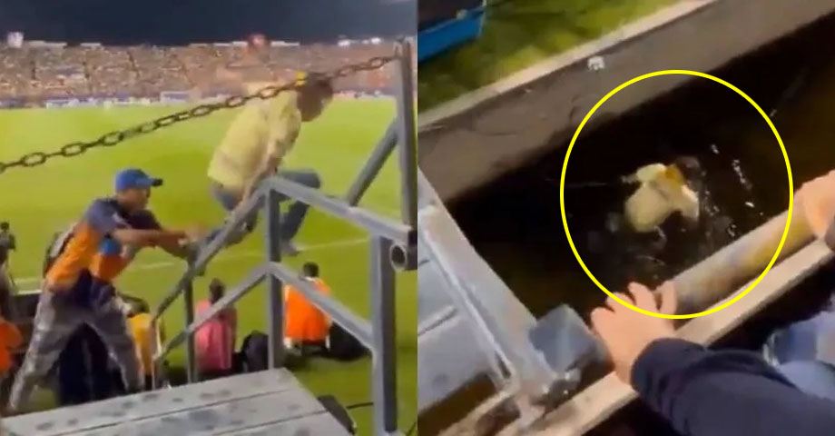 ¡Qué oso! Aficionado del América quiso invadir la cancha pero cayó en una canaleta de aguas residuales