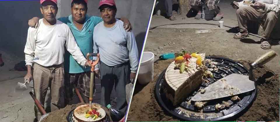 Viralizan fotos de albañiles celebrando el cumpleaños de un compañero