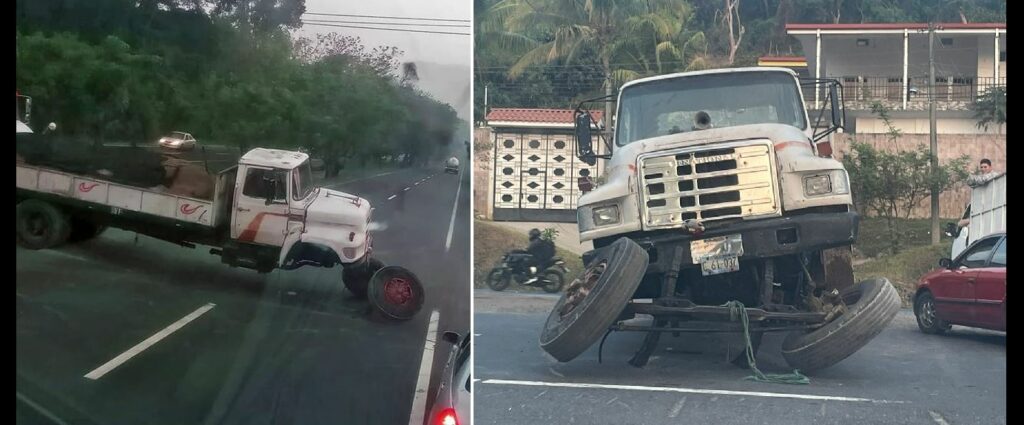 Camión pierde las llanta delanteras y se accidenta en carretera a Santa Ana