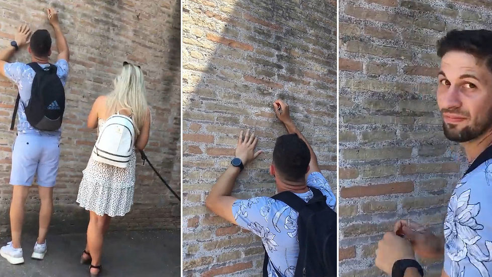 Indignación por turista que grabó su nombre y el de su novia en una pared del Coliseo de Roma