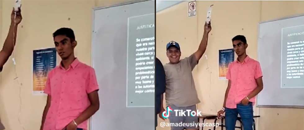 Estudiante expone en clase conectado a una bolsa de suero