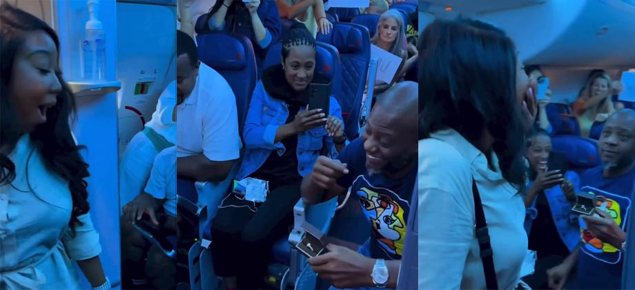 Mujer sale del baño de avión en pleno vuelo y su novio le pide matrimonio