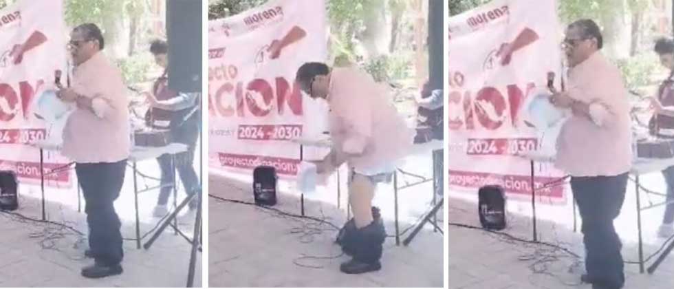 VIDEO: Se le caen los pantalones a diputado en pleno mitin