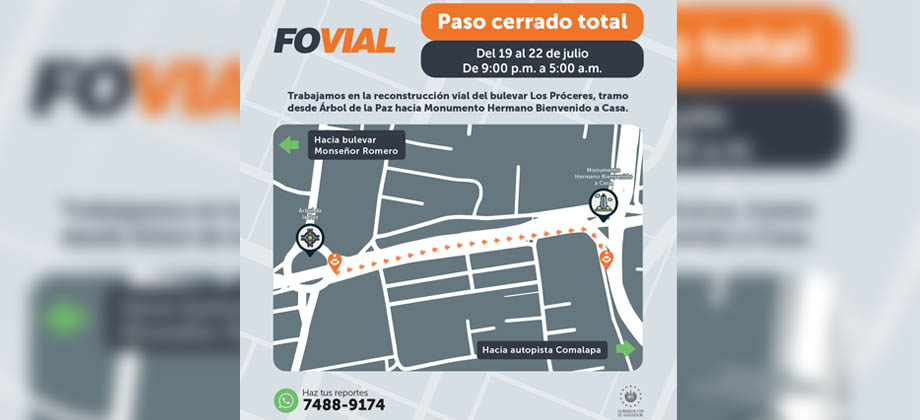 FOVIAL anuncia cierre de tramo en bulevar los Próceres en horario nocturno por reparaciones viales