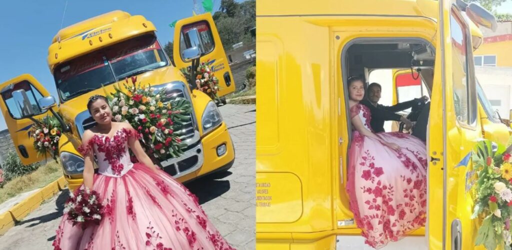 Joven llega en tráiler a su fiesta de 15 y sorprende a todos