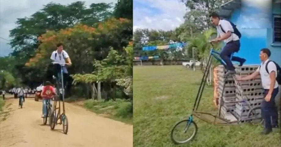 Estudiante sorprende a todos al transportarse en una bicicleta de dos metros