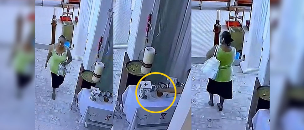 Captan momento cuando mujer entra a una iglesia y hurta el vino para consagrar