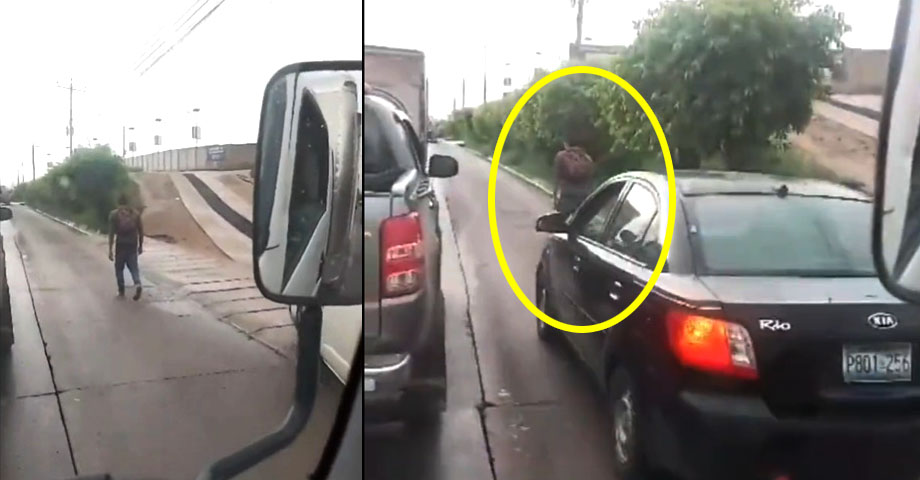 Peatón ignora a conductor irresponsable que quería hacer tercer carril