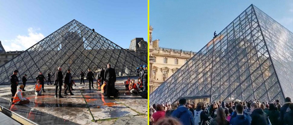 Activistas climáticos vandalizan la pirámide del Museo del Louvre en Francia