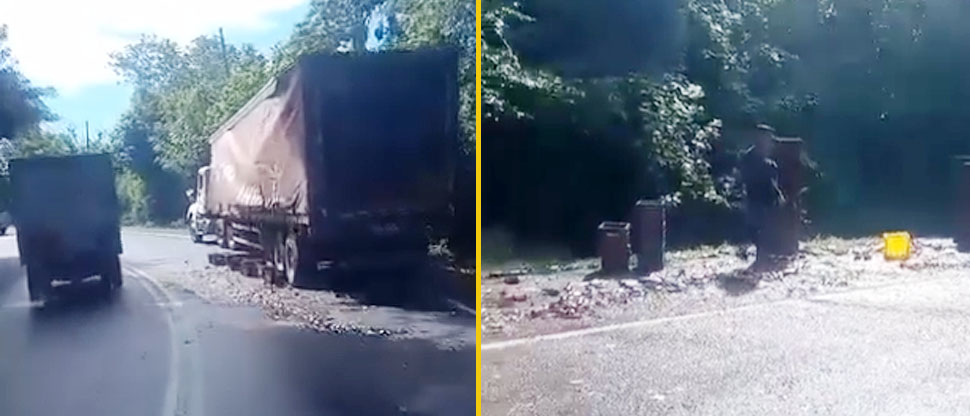 Cerveza queda esparcida sobre el pavimento tras caerse cajas de un camión repartidor