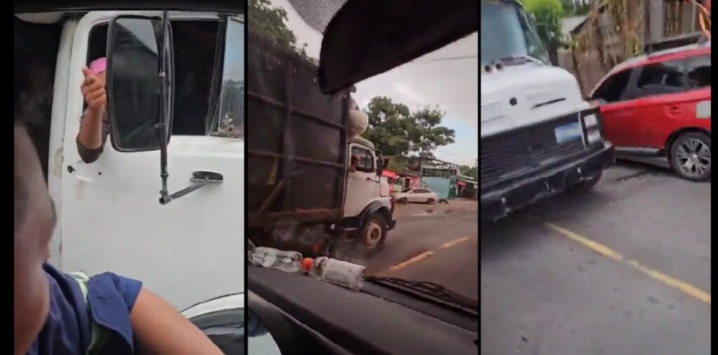 Camionero circula en sentido contrario y junto a su acompañante se muestra agresivo en Mejicanos