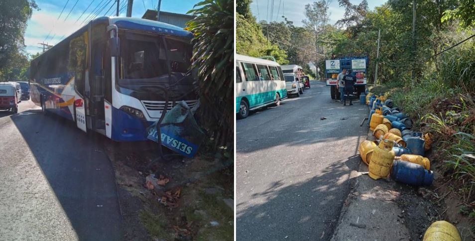 Se registra fuerte choque entre autobús y camión repartidor de gas esta mañana