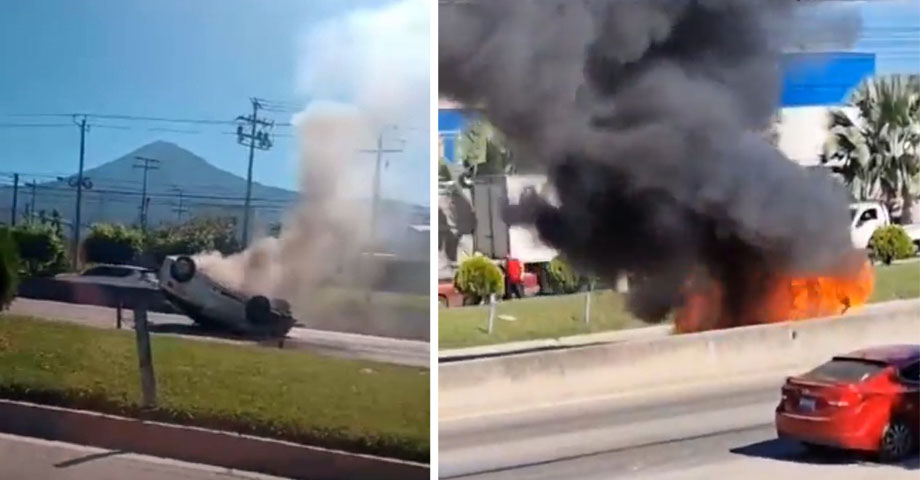 Vehículo se prende en llamas tras accidente sobre carretera a Quezaltepeque